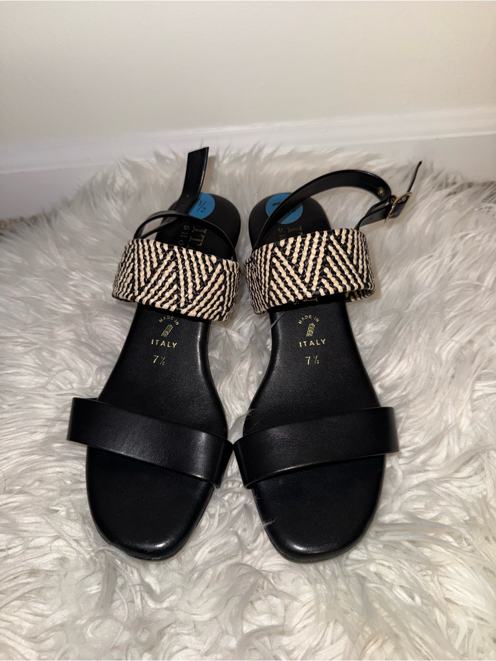 Black Leather & Woven Strap Women’s Sandals - Italy